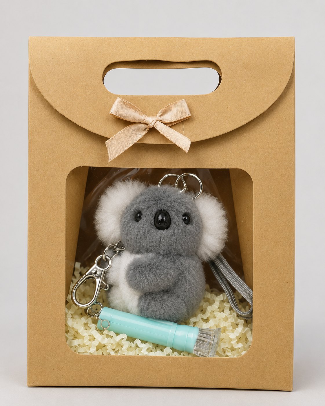 HaloZen grey koala safety keychain in a kraft gift box