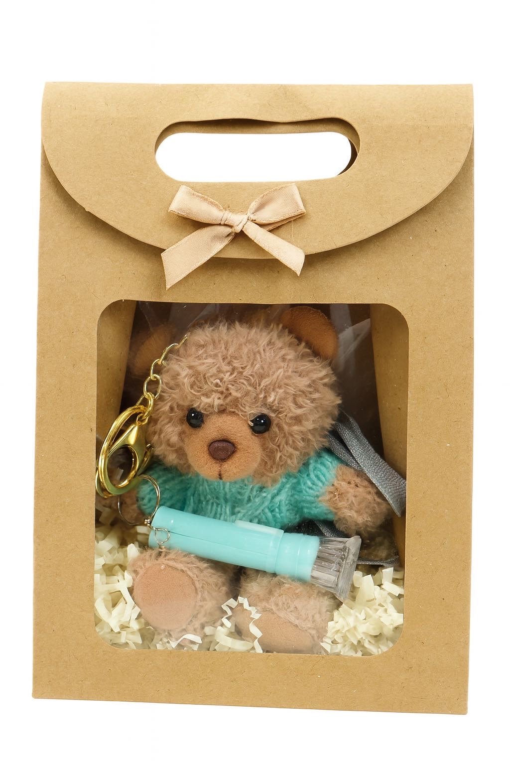 HaloZen plush teddy in a kraft gift box with a turquoise safety alarm keychain