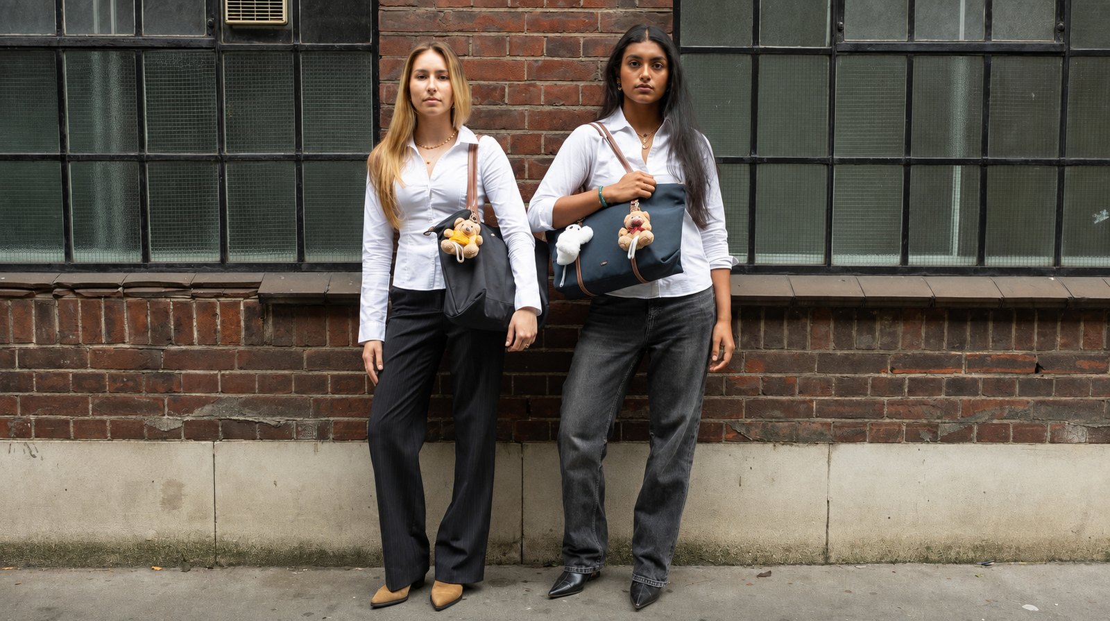 Two HaloZen founders with plush safety-alarm charms on their bags, as featured in The Times